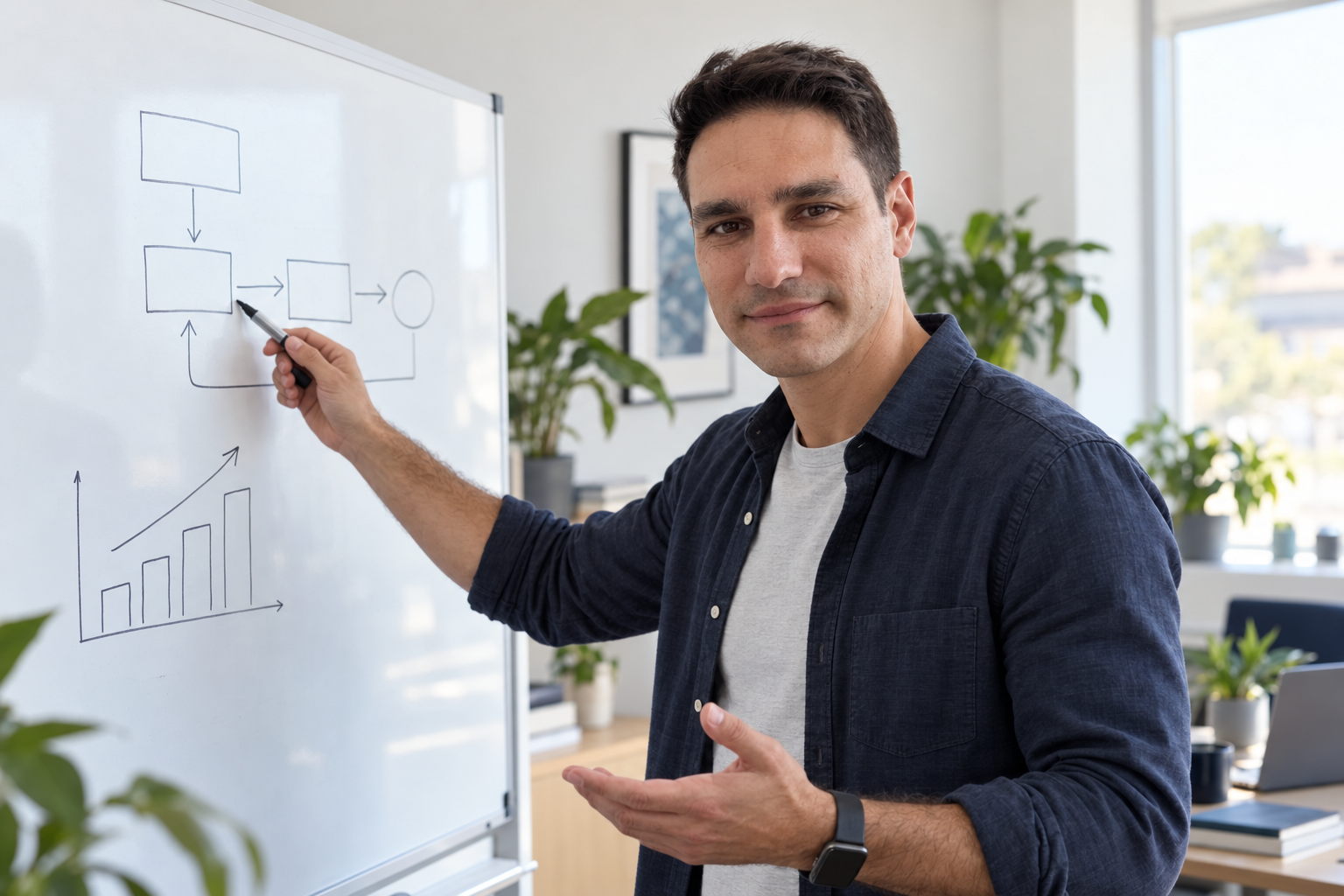 Johannes Hinkov am Flipchart, Strategie, Prozesse und Automatisierung für ein Unternehmen skizzierend