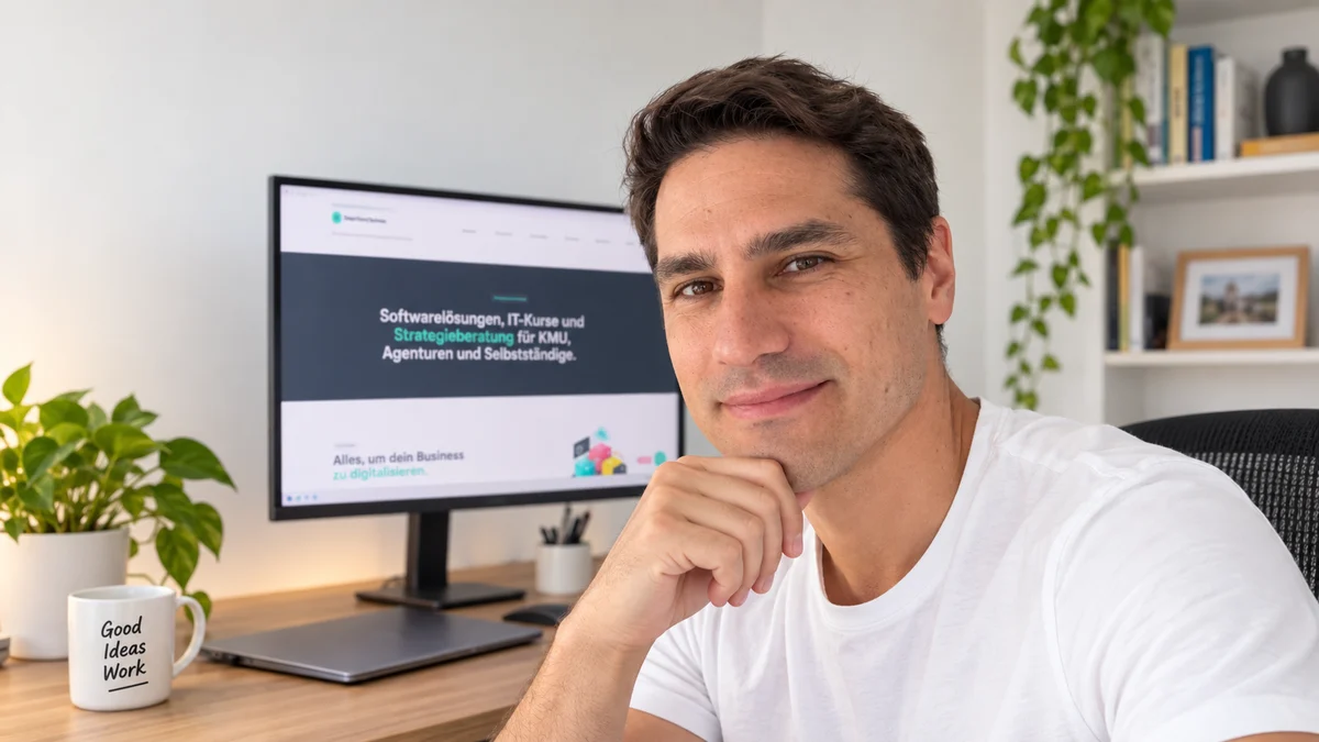 Johannes an seinem Arbeitsplatz vor einem Bildschirm mit der Website von Digital Small Business
