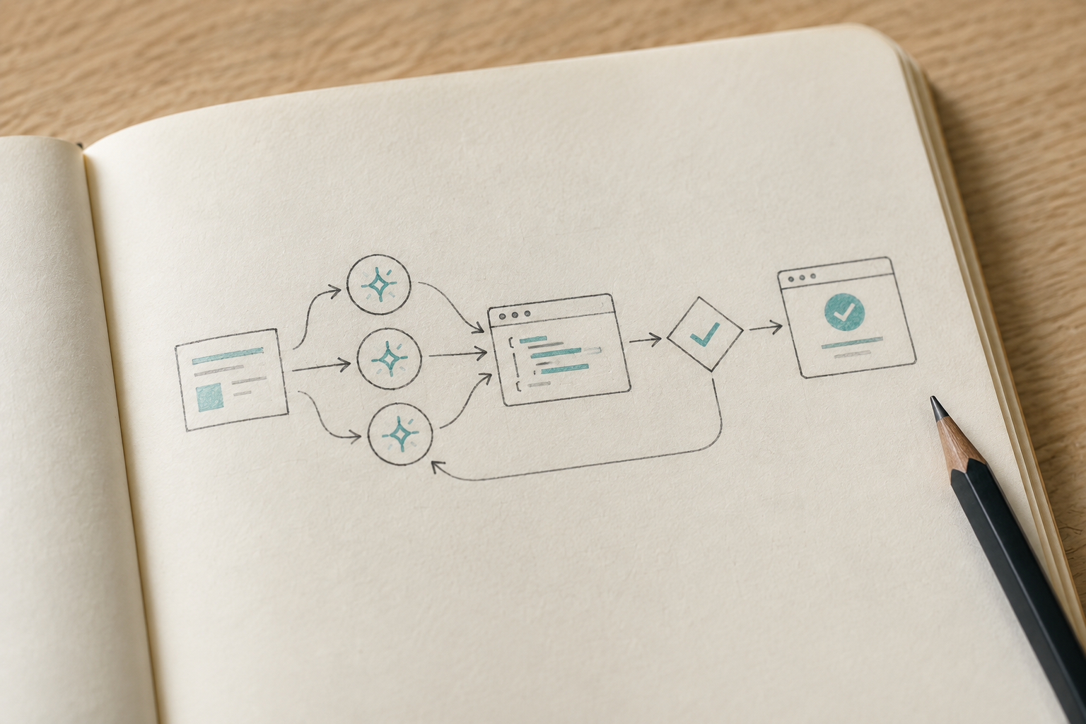 Illustrative Arbeitsskizze mit verbundenen Softwarebausteinen auf Papier